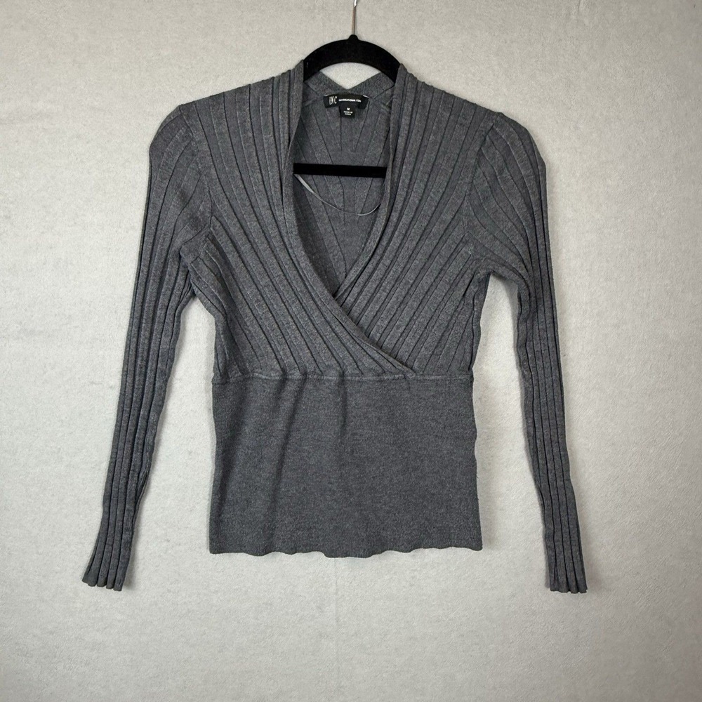 INC‎ Sweater Gray Ribbed Fitted Y2K 90s Faux Wrap Surplice V-Neck Babydoll Sz M